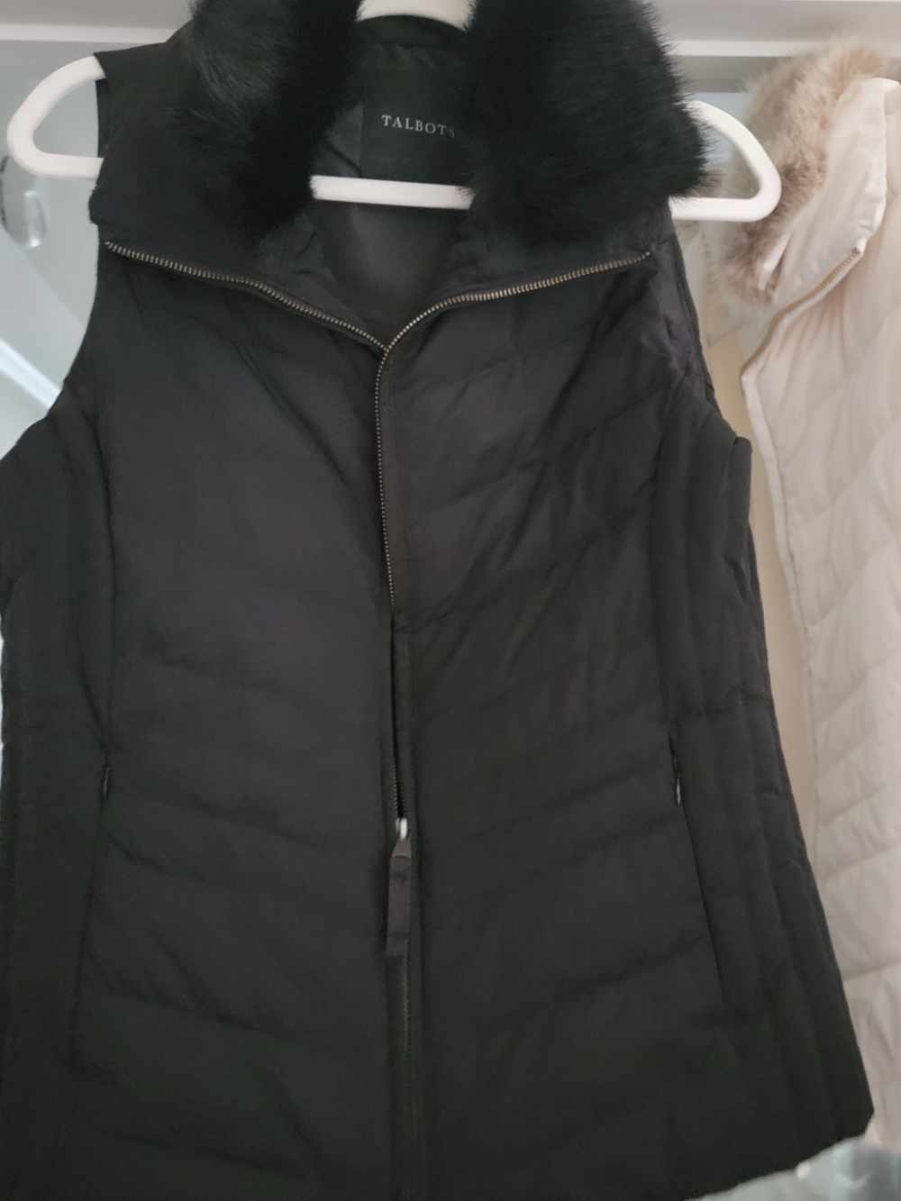 Talbots Black Quilted Puffer Vest with Faux Fur Collar